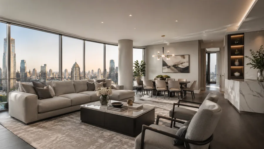 Premium apartment towers against a city skyline at dusk