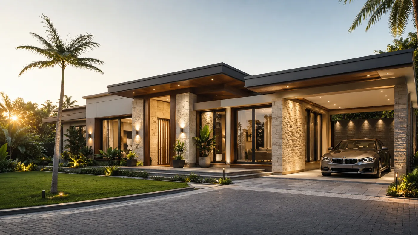 Contemporary single-storey bungalow at dusk with stone piers, deep eaves and a lit entrance
