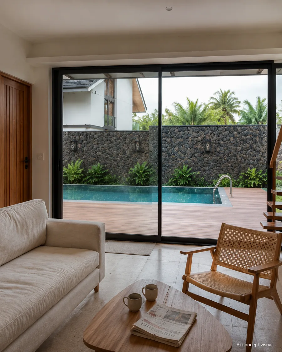 Living room of a coastal villa looking through sliding glazing to the pool and basalt boundary wall