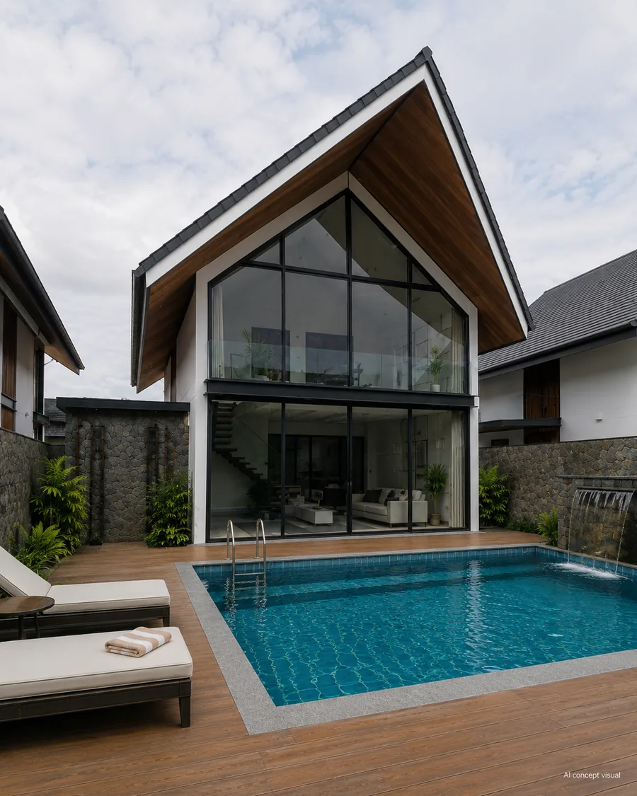 Pitched-roof coastal villa with double-height glazing above a private pool and timber deck