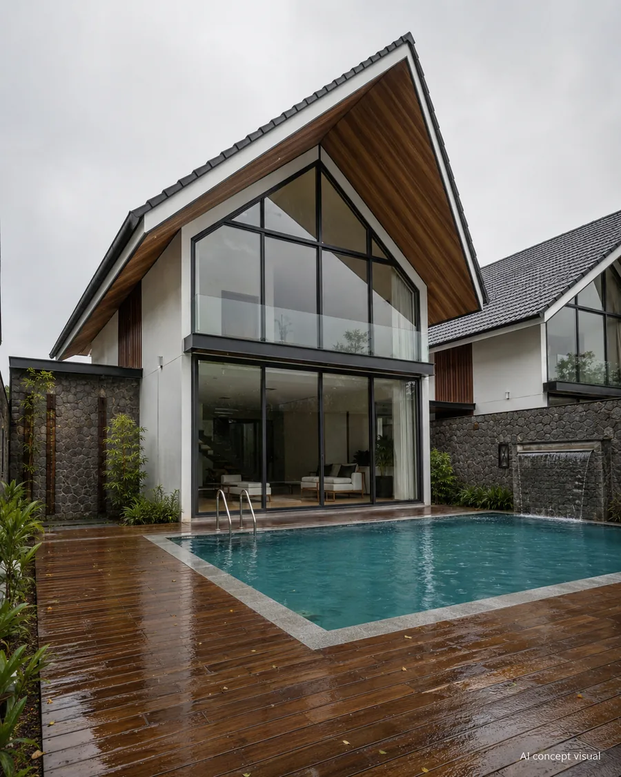 The same villa type during monsoon rain, water running off the deck and pool