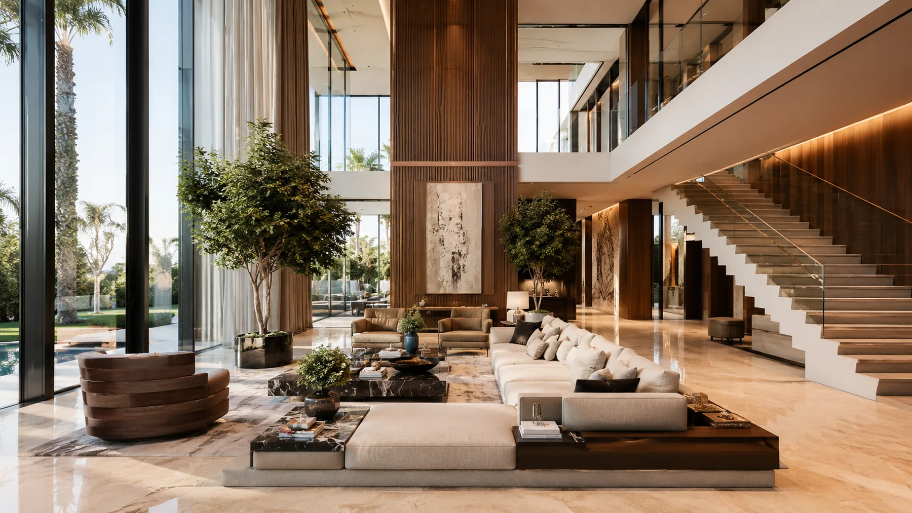Double-height living room with full-height glazing opening to a garden