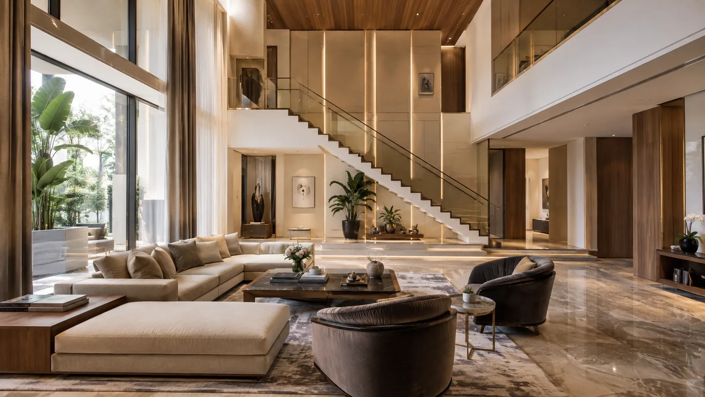Sculptural staircase in a double-height residential interior