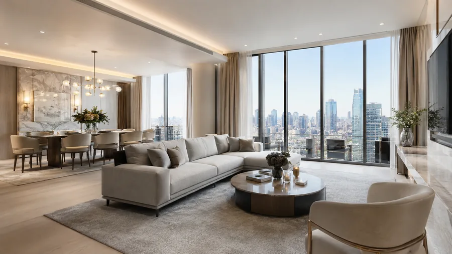 Bright living and dining room in a premium high-floor apartment