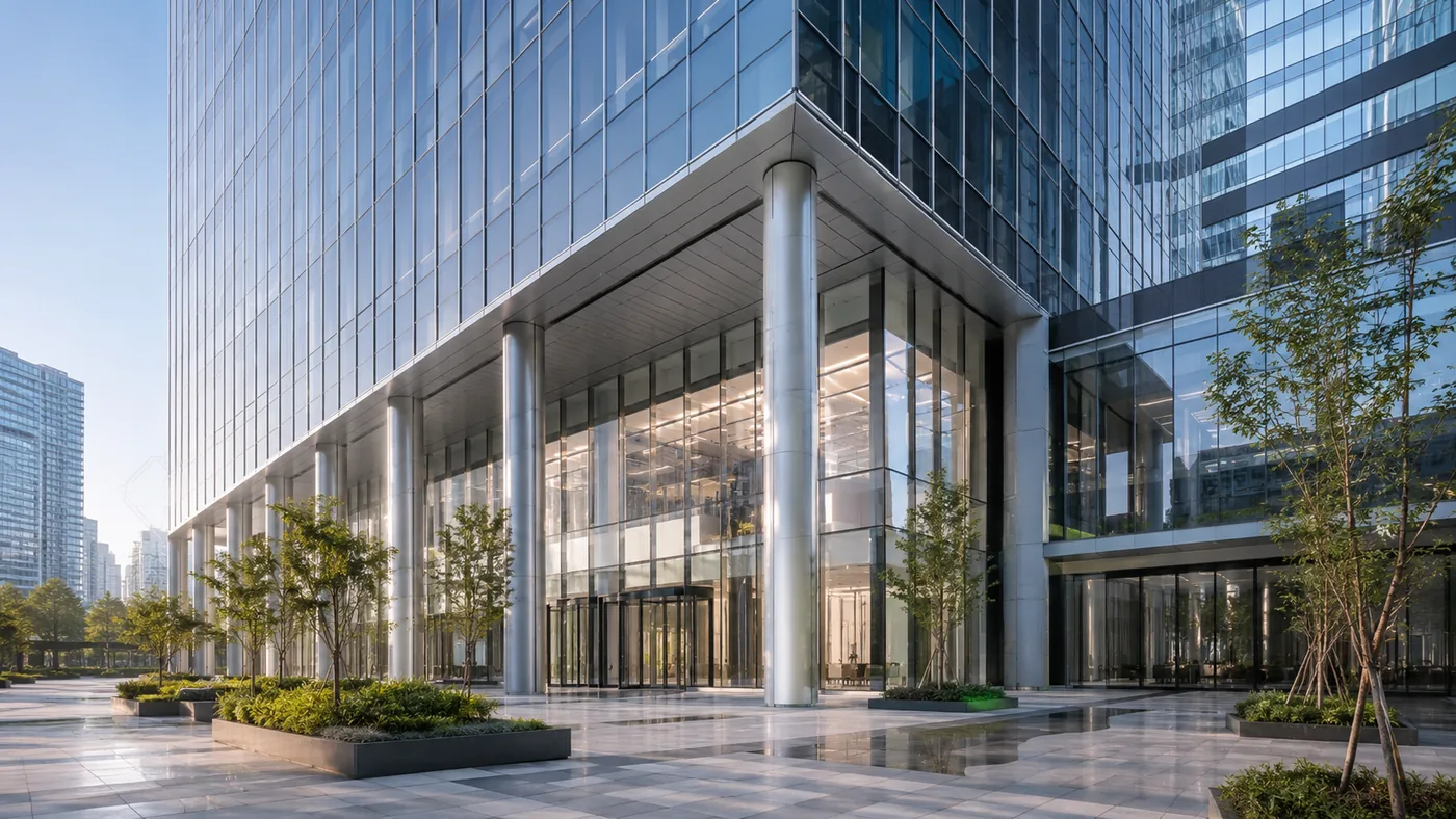 Grade-A office tower and landscaped plaza in daylight