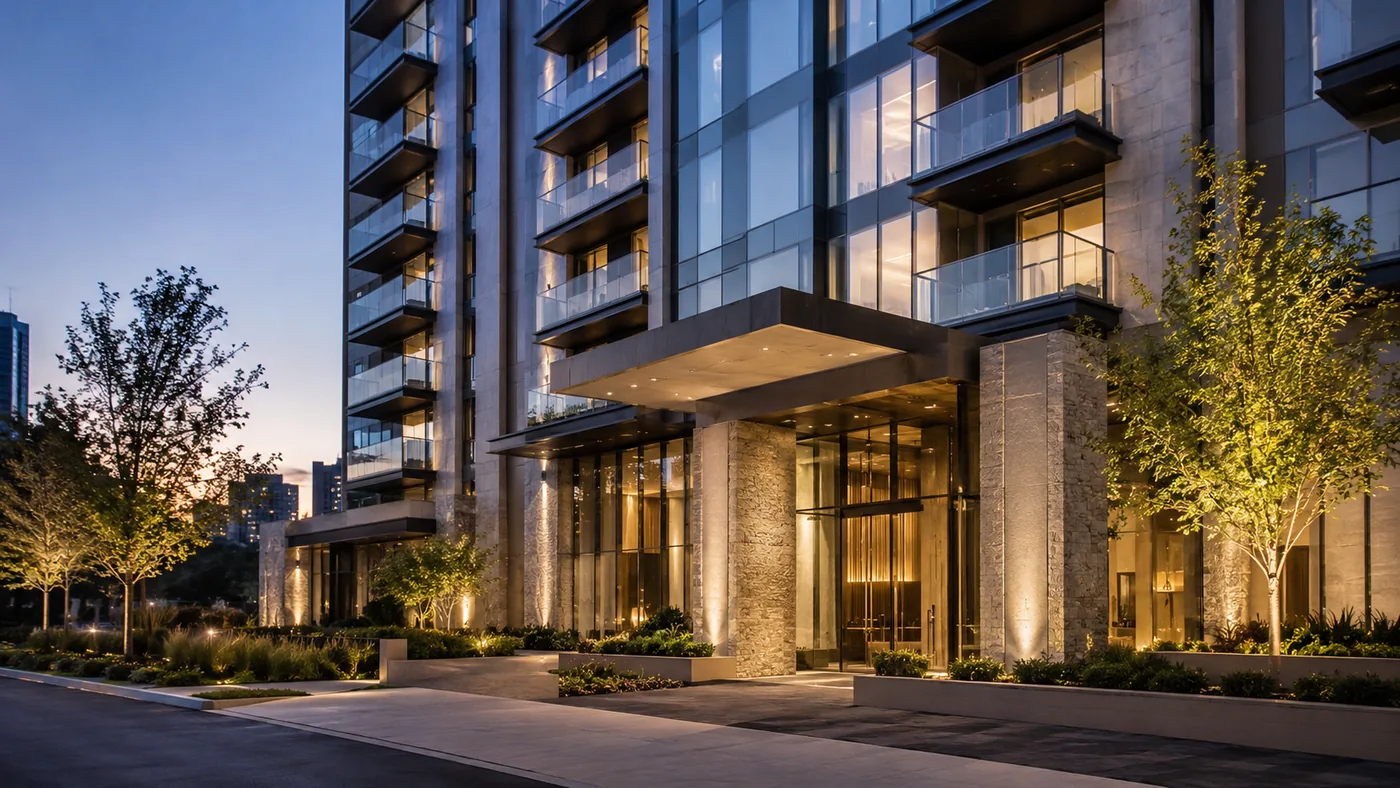 Residential tower entrance and landscaped forecourt in daylight